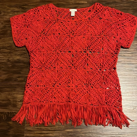 Chico's Sweaters - Chico’s Red Open Crochet/Macrame Fringe Pullover Sweater Size 2 (12 Medium)